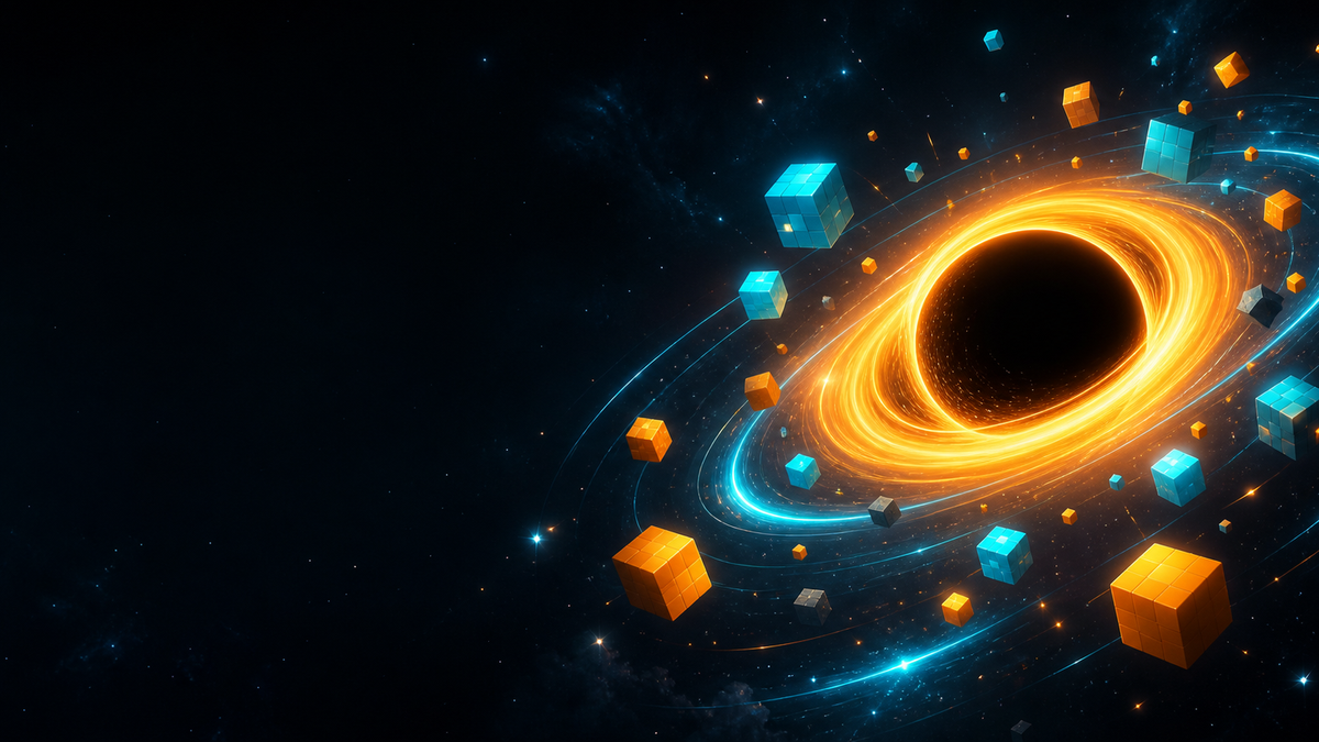Merge a Black Hole guide artwork showing a glowing black hole and blocky cubes